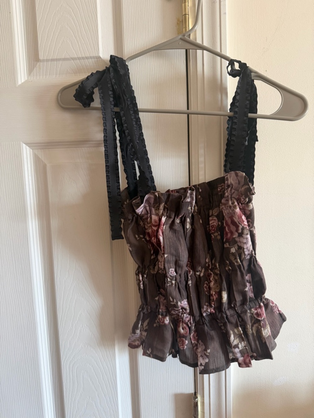 Brock Collection x H&M Floral Ruffle Brown Camisole with Black Ribbon Straps